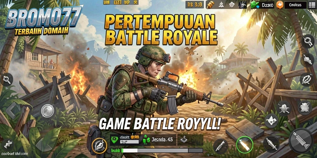 Screenshot gameplay BROMO77 menampilkan pertarungan seru di arena Battle Royale.