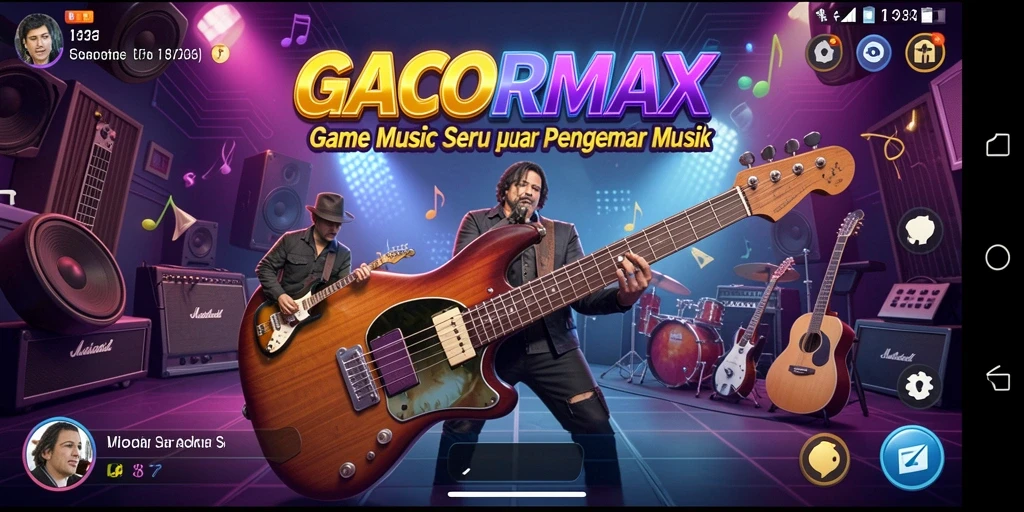Screenshot GACORMAX menampilkan gameplay interaktif dan alat musik yang beragam.