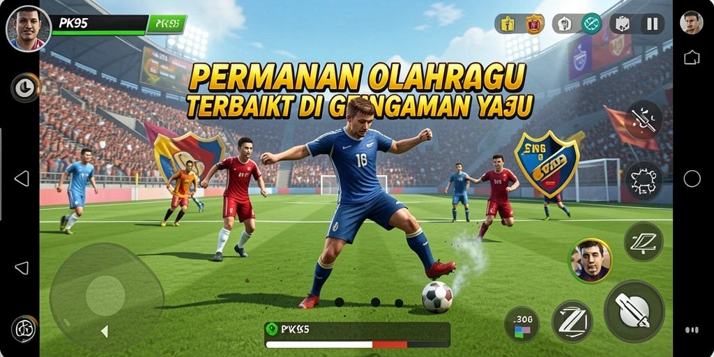 Tampilan gameplay PK95 dengan aksi olahraga yang mendebarkan.