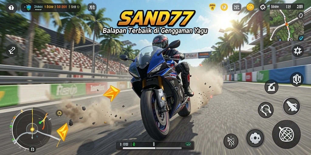 Tampilan gameplay seru dari SAND77 dengan motor balap yang mengesankan.