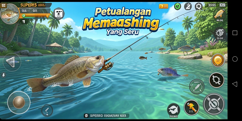 Tampilan gameplay SUPER5 dengan aksi memancing yang intense.