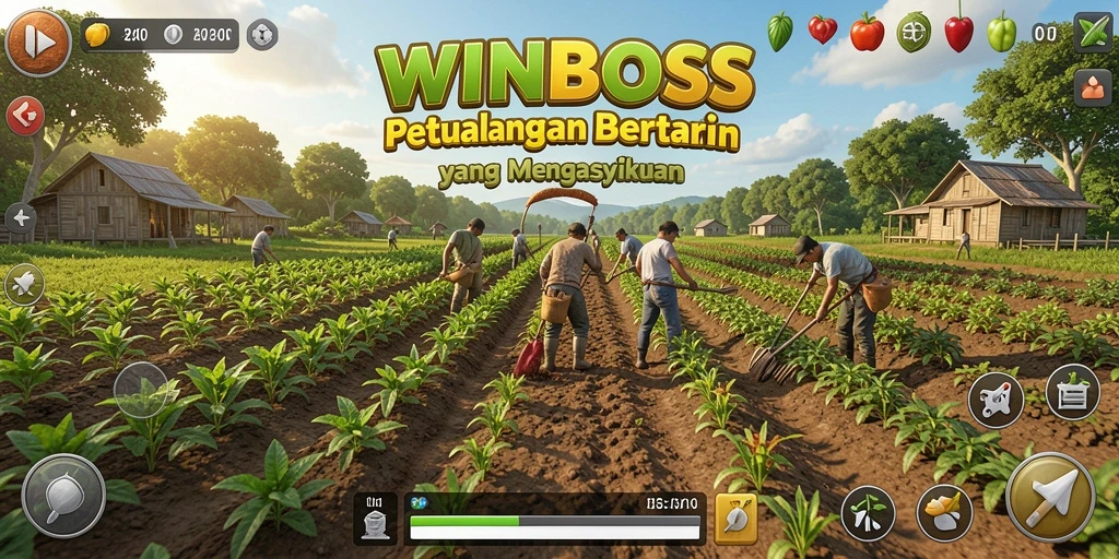 Tangkapan layar gameplay WINBOSS menampilkan kebun yang indah dan hewan ternak.